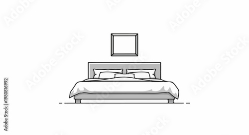 A simple line drawing of a double bed with a headboard and pillows on it, with a picture frame above