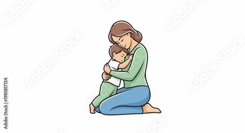 A mother hugs her young child tightly, expressing love and comfort