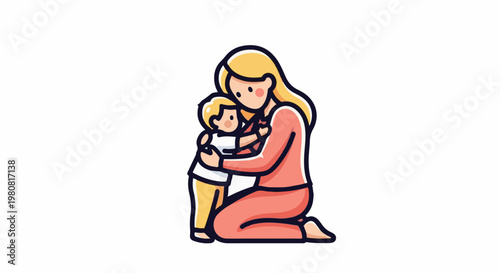 A mother kneels, embracing her child with warmth and affection