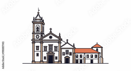 A simplified illustration of a classic church with a bell tower and tiled roof