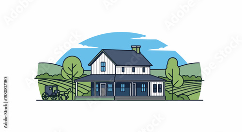 A rural farmhouse with a horse-drawn carriage in a picturesque landscape