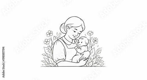 A mother tenderly holds her baby amidst blooming flowers and leaves