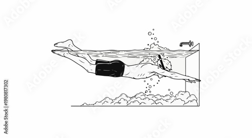 A person swims underwater in a bathtub with a snorkel and bubbles