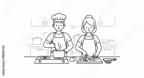 A pair prepares food in a kitchen, one cooks, one chops