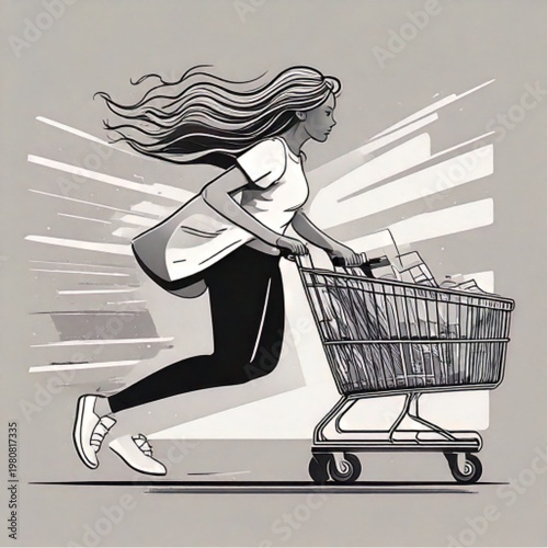 Woman rushing with full shopping cart illustration.