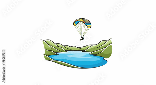 A paraglider soars over a serene lake surrounded by lush, rolling hills