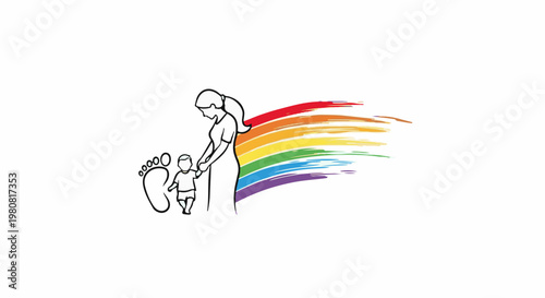A parent holds a child's hand with a rainbow trail and footprint
