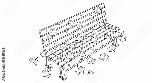 A park bench covered in fallen leaves, rendered in a simple outline style