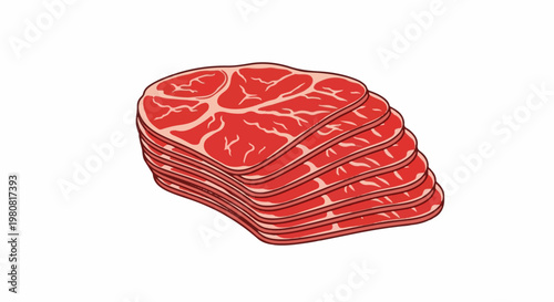 A stack of thinly sliced raw red meat with marbling, presented on a white background