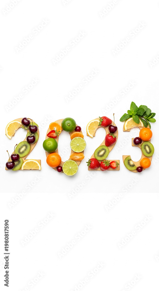 Obraz premium Wooden number 2023 filled with assorted fruit slices and mint leaves, showcasing fresh, colorful, and healthy new year concept for celebration