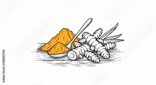 A rustic sketch depicts fresh turmeric roots and powder on a wooden surface