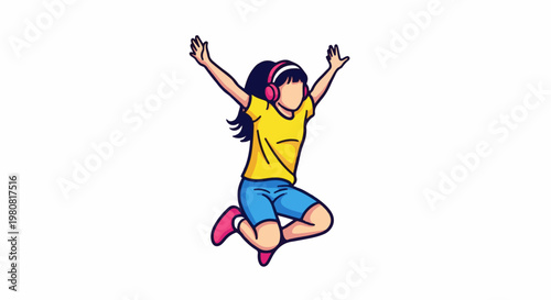 A person with headphones leaps joyfully in the air, arms raised