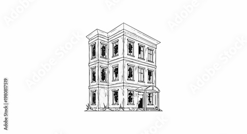 A stark black and white sketch of a three-story dilapidated building with broken windows
