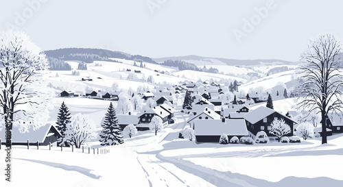 A pixelated winter village scene with snow-covered houses and hills
