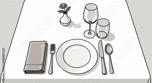 A place setting with a plate, cutlery, glasses, and a small flower vase