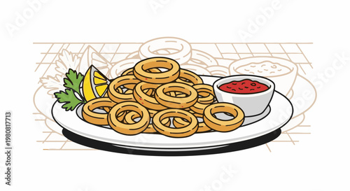 A plate of golden fried rings served with a dipping sauce and lemon wedge