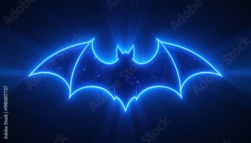 Illuminated Bat Symbol in Neon Blue, Abstract Dark Superhero Emblem for Graphic Design and Modern Dark Themed Backgrounds