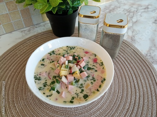 Okroshka is a cold soup with vegetables and boiled meat.
