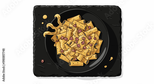 A plate of rigatoni pasta with a creamy sauce and diced meat