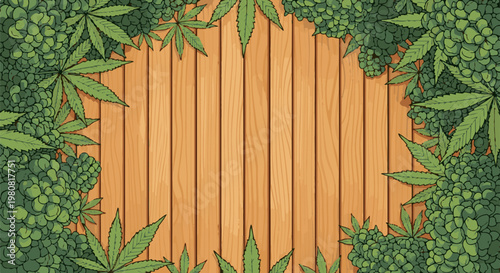 A rustic wooden surface framed by lush green cannabis leaves and buds