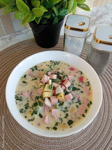 Okroshka is a cold soup with vegetables and boiled meat.