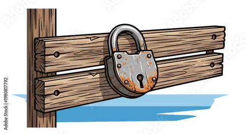 A rusty padlock secures a weathered wooden fence post and horizontal planks