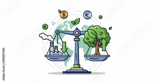 A scale weighs industry against a healthy tree, symbolizing environmental balance