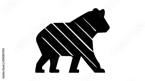 Minimalist striped bear silhouette logo, abstract geometric walking grizzly with diagonal lines, modern vector animal icon for branding