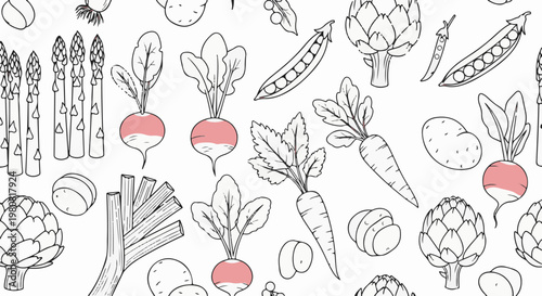 A playful illustration of various fresh vegetables in a scattered pattern