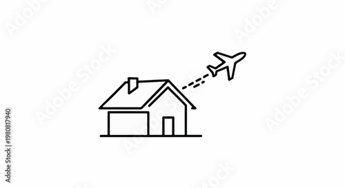 A simple line drawing shows a house with an airplane flying away from it