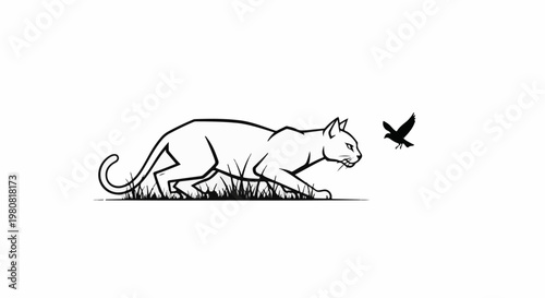 A stealthy cat stalks a small bird amongst the grass