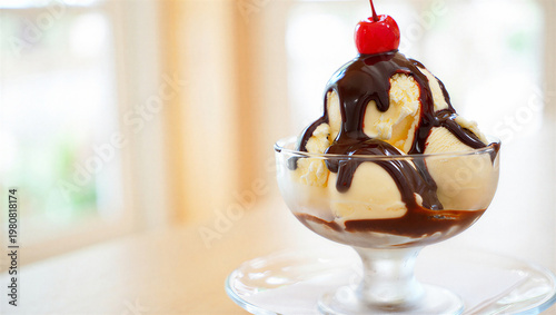Canvastavla Classic ice cream sundae with chocolate syrup and a cherry, served in a glass di