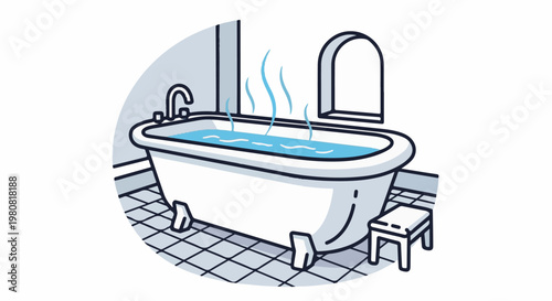 A steaming bathtub filled with blue water sits in a tiled bathroom with a small stool