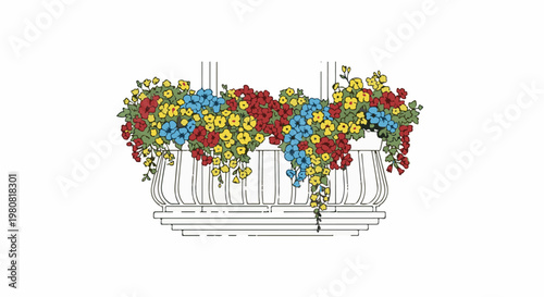 A potted arrangement of cascading red, blue, and yellow flowers