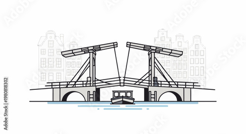 A picturesque drawbridge spans a canal with a small boat passing beneath