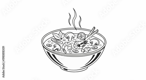 A steaming bowl of shrimp and mushroom soup, garnished with herbs