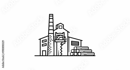 A simple outline drawing of a lumber mill with a chimney and stacked logs