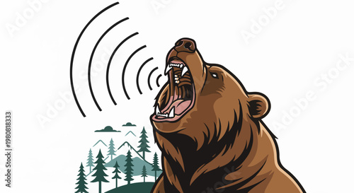 A powerful bear roars, emitting sound waves, against a serene mountain backdrop