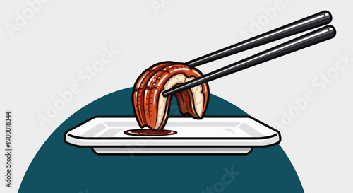 A piece of cooked food is lifted by black chopsticks over a white plate