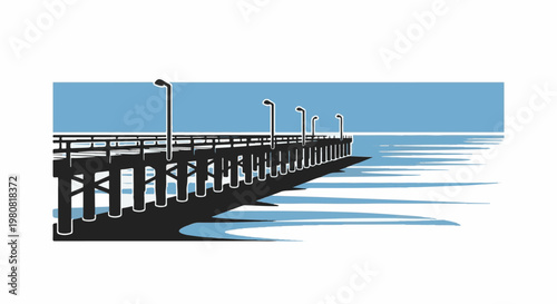 A pier with lampposts extends over the water, casting shadows on the surface
