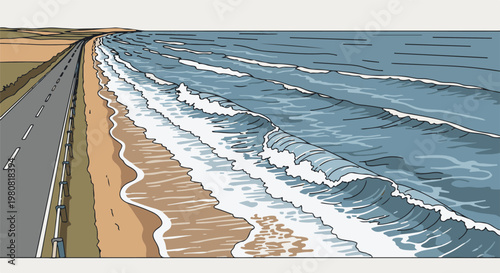 A scenic coastal road curves alongside the ocean's rolling waves and sandy beach