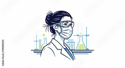 A scientist in protective gear works in a lab with beakers and flasks