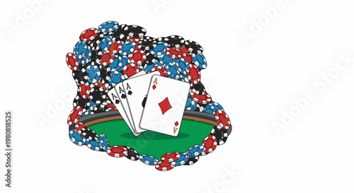 A pile of poker chips surrounds three aces on a green felt table