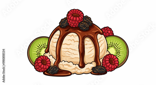 A scoop of vanilla ice cream drizzled with chocolate, garnished with raspberries