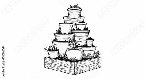 A pyramid of potted plants stacked in a wooden planter