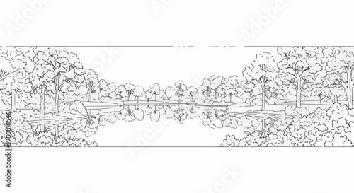 A sketch of a serene lake surrounded by trees with their reflections in the water