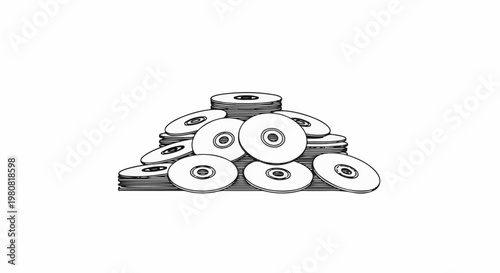 A pile of round discs, some stacked neatly, others scattered