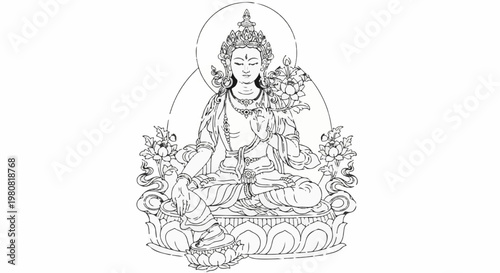 A seated, divine figure adorned with jewelry, holding flowers and a halo