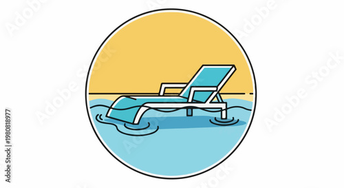 A lounge chair floats on a pool with a yellow sun in the background