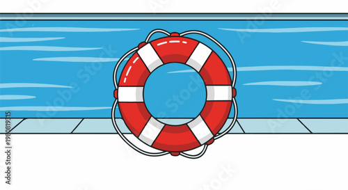 A red and white ring buoy floats in blue water next to a pool edge